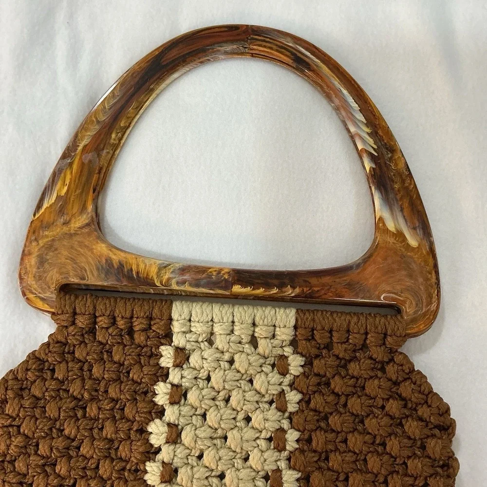 Vtg 70s Macrame Handbag Artisan Lucite Handle Brown Cream Lined Handmade Resort